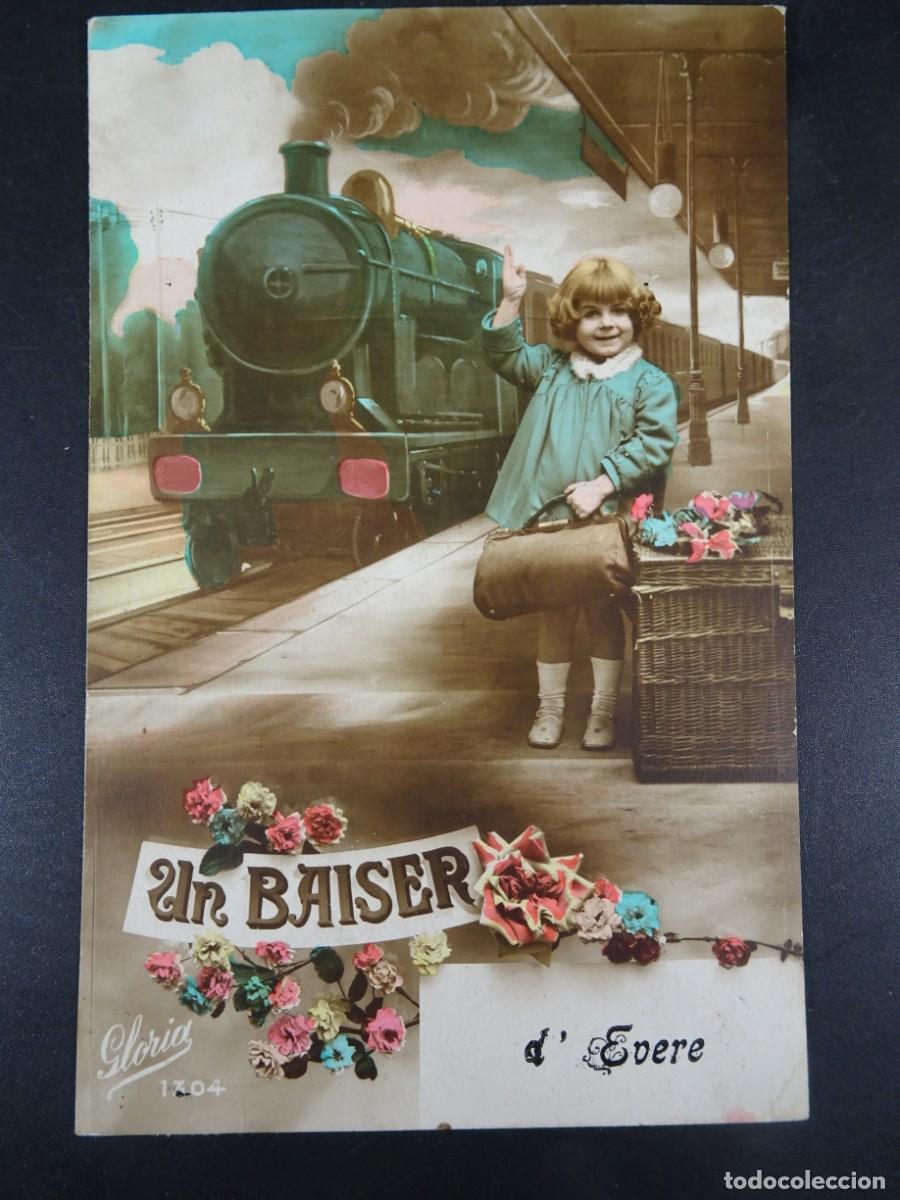 Postales: TARJETA POSTAL COLOREADA, CPA, NI&Ntilde;A TREN, VER FOTOS