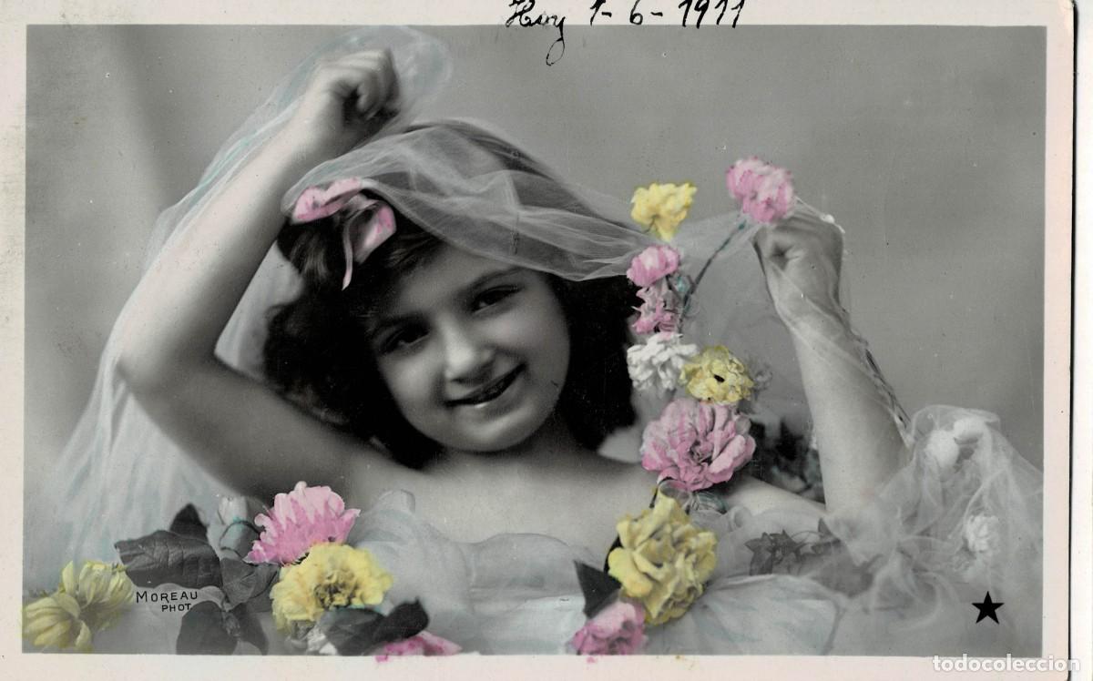 Postales: POSTAL NI&Ntilde;A CON TELA Y FLORES. P-NI&Ntilde;OS-1300