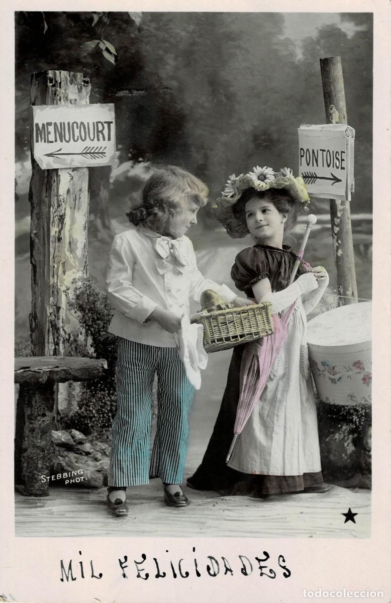 Postales: POSTAL FELICITAION DE NI&Ntilde;OS CON CESTA Y PARAG&Uuml;AS. P-NI&Ntilde;OS-1306