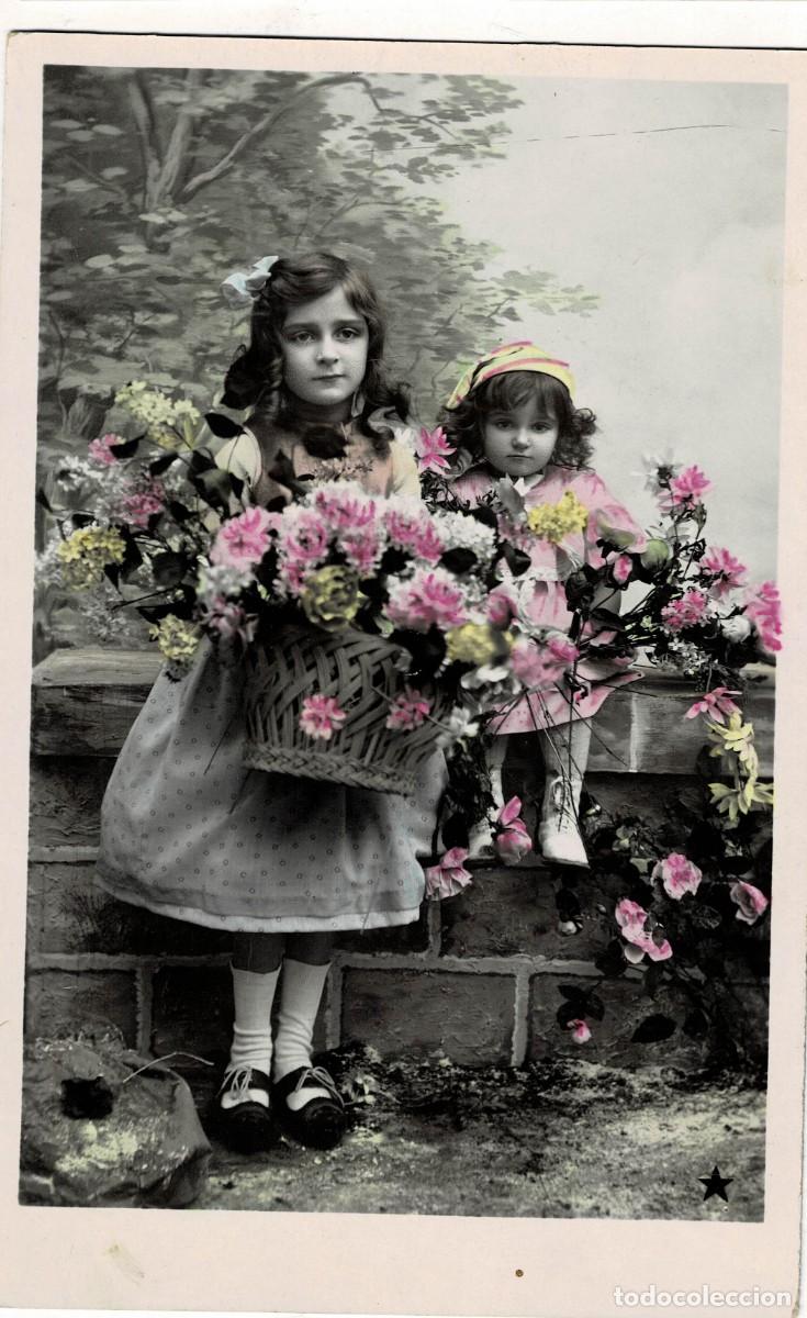 Postales: POSTAL NI&Ntilde;AS CON CESTA DE FLORES. P-NI&Ntilde;OS-1307