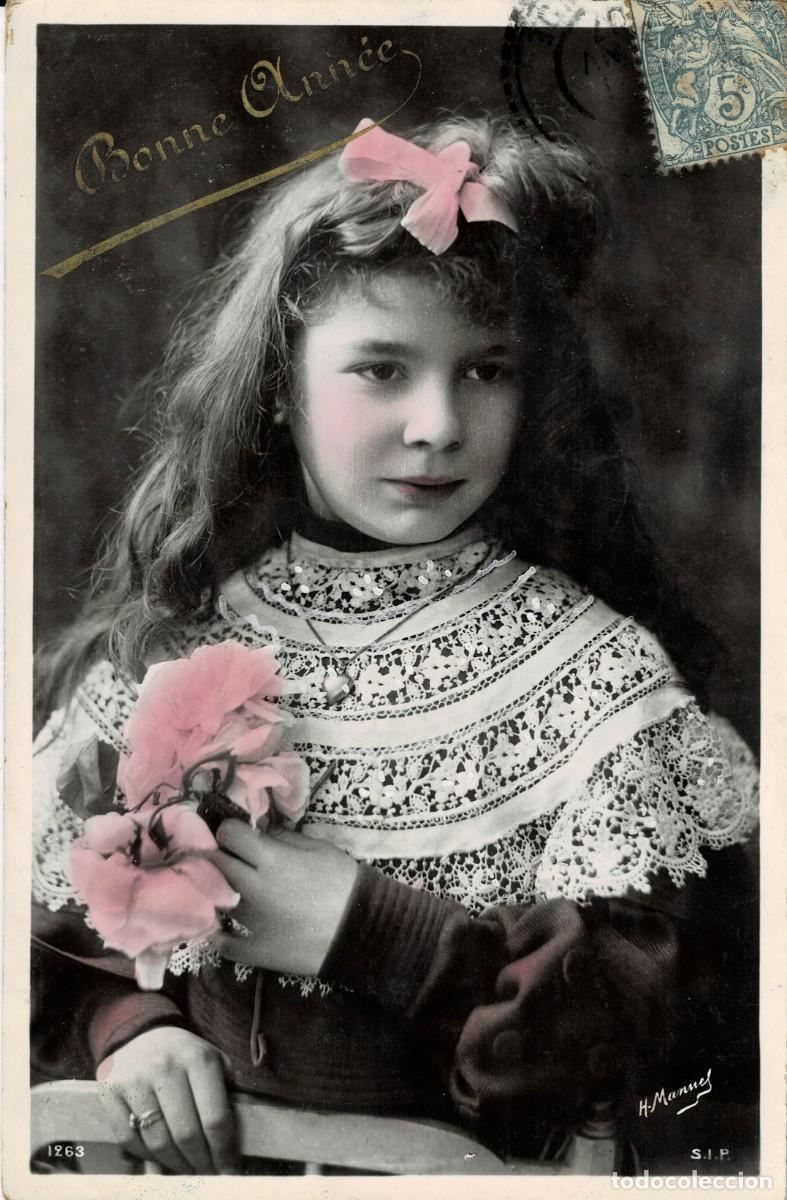 Postales: POSTAL FELICITACION A&Ntilde;O NUEVO DE NI&Ntilde;A CON FLORES. P-NI&Ntilde;OS-1316