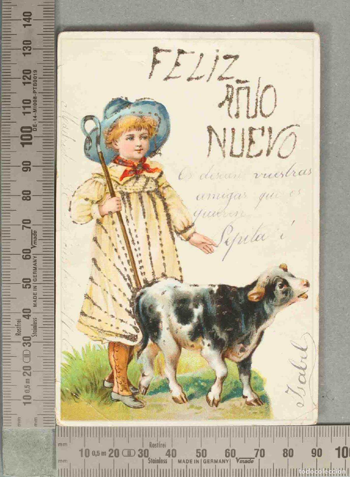 Postales: POSTAL. Feliz A&ntilde;o Nuevo - Ni&ntilde;a con vaca