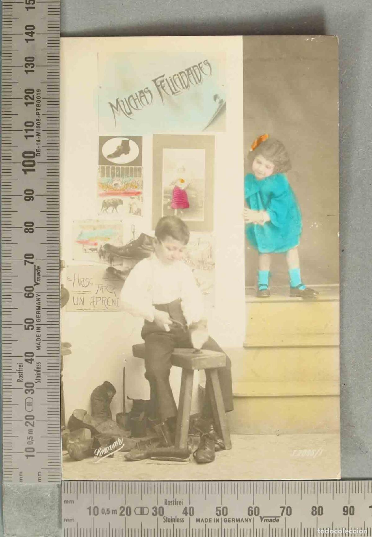 Postales: POSTAL. NI&Ntilde;O ZAPATERO Y NI&Ntilde;A. CARTELES DE TOROS. FELICITACION. GOMAR