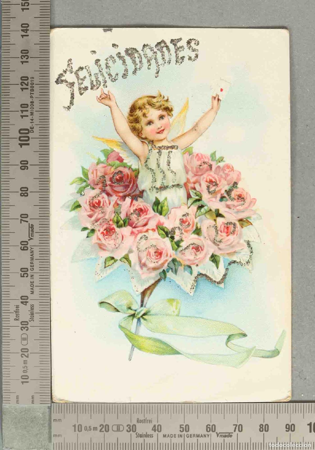 Postales: POSTAL. &Aacute;ngel con flores - Cromolitograf&iacute;a FELICIDADES