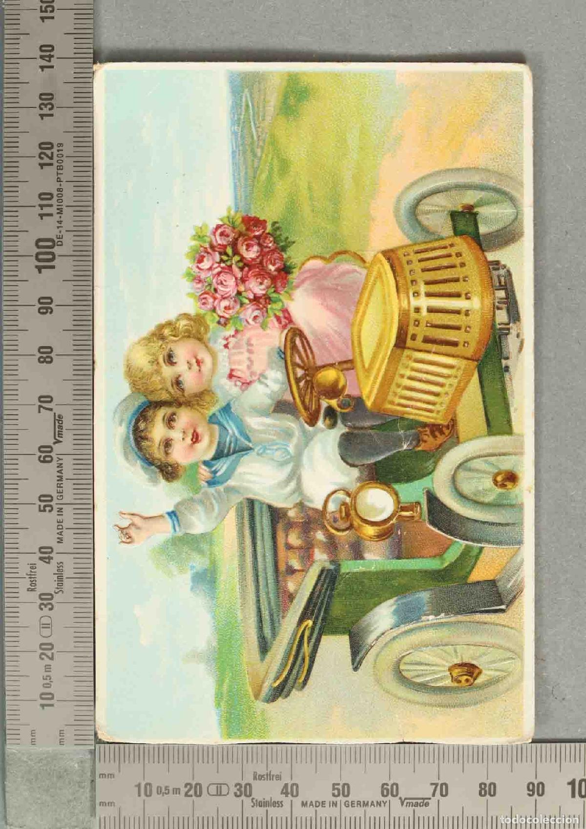 Postales: POSTAL. Ni&ntilde;os en autom&oacute;vil con ramo de flores - Cromolitograf&iacute;a