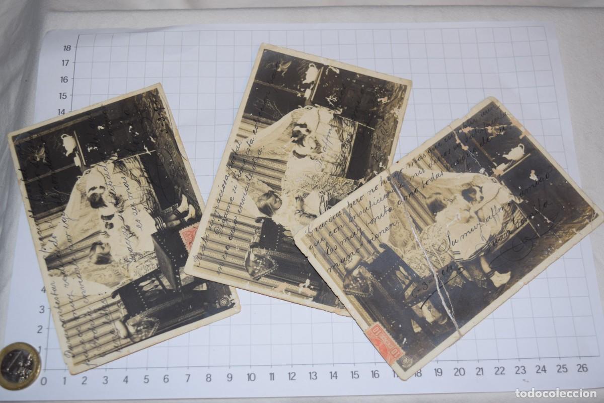 Postales: 3 POSTALES con textos / Ni&ntilde;a jugando junto a su cuna y perro - 03 del 1904 - &iexcl;Mira fotos/detalles!