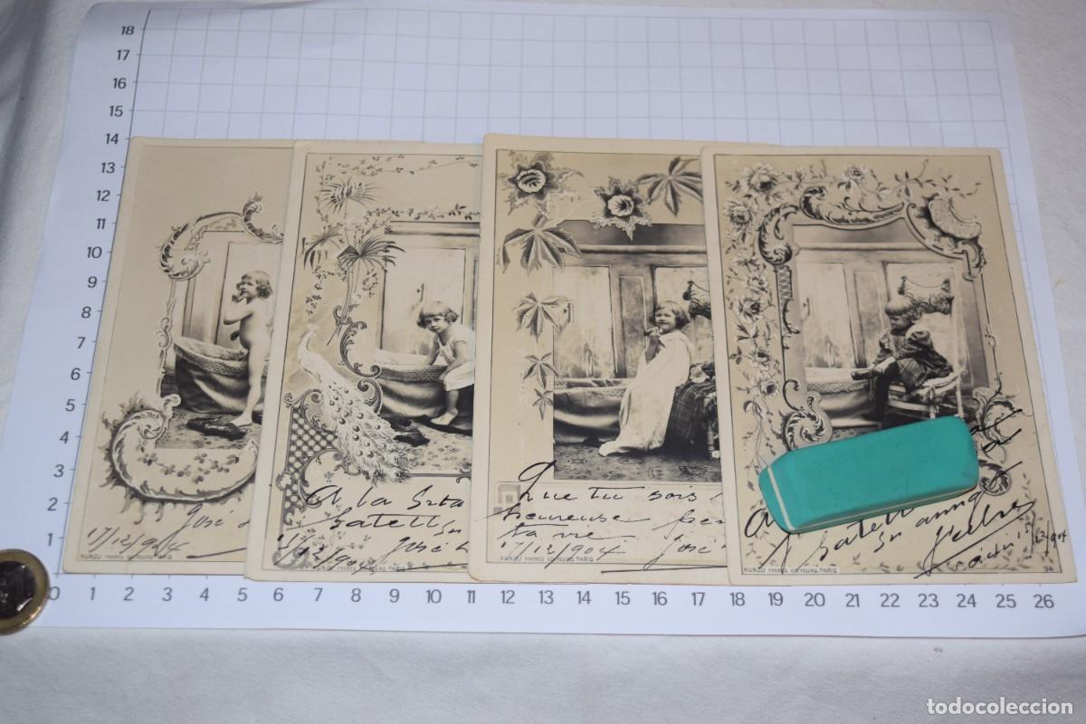 Postales: 4 POSTALES con textos / Ni&ntilde;a jugando, visti&eacute;ndose tras levantarse - 12 / 1904 &iexcl;Mira fotos/detalles!