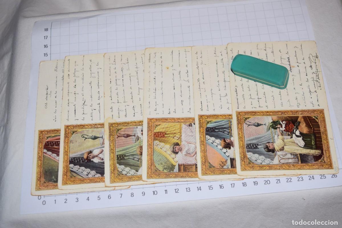 Postales: 6 POSTALES con textos / Ni&ntilde;a acostada, al despertar junto mu&ntilde;eca - Sobre principios de 1900 - &iexcl;Mira!
