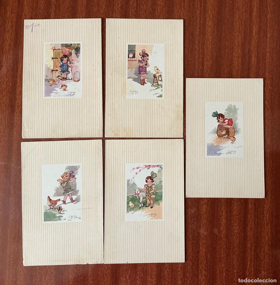 Postais: 5 POSTAL ANTIGUAS ILUSTRADAS EDODY NI&Ntilde;AS CON POLLITOS