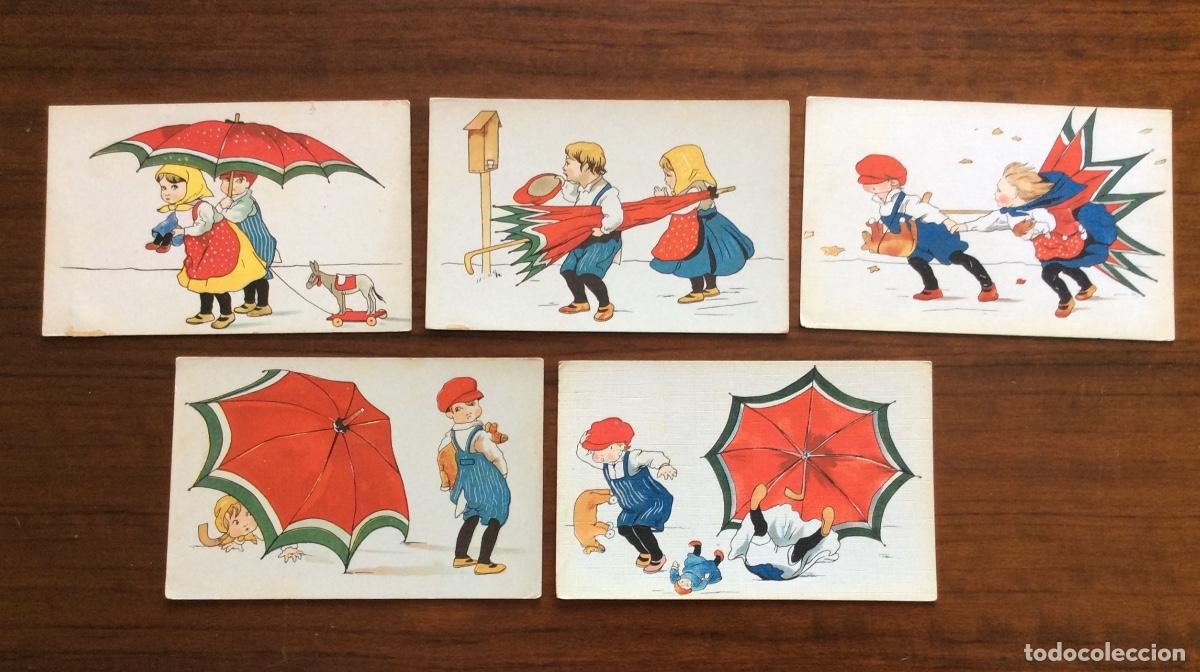 Postais: 5 POSTAL ANTIGUAS CROMOLITOGRAFICAS ILUSTRADAS NI&Ntilde;OS Y NI&Ntilde;AS CON PARAGUAS