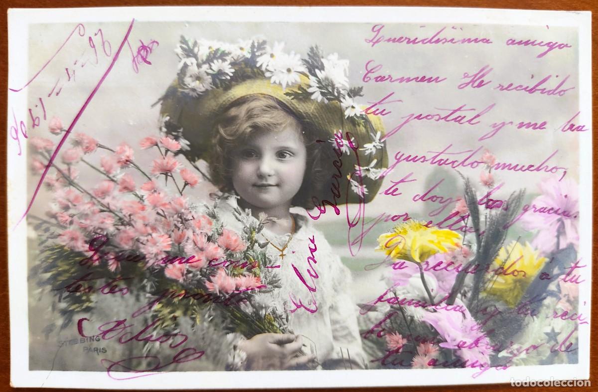 Cartes Postales: POSTAL FECHADA 1906 NI&Ntilde;A CON SOMBRERO DE FLORES COLOREADA Y CIRCULADA - SERIE 901 STEBBING PARIS