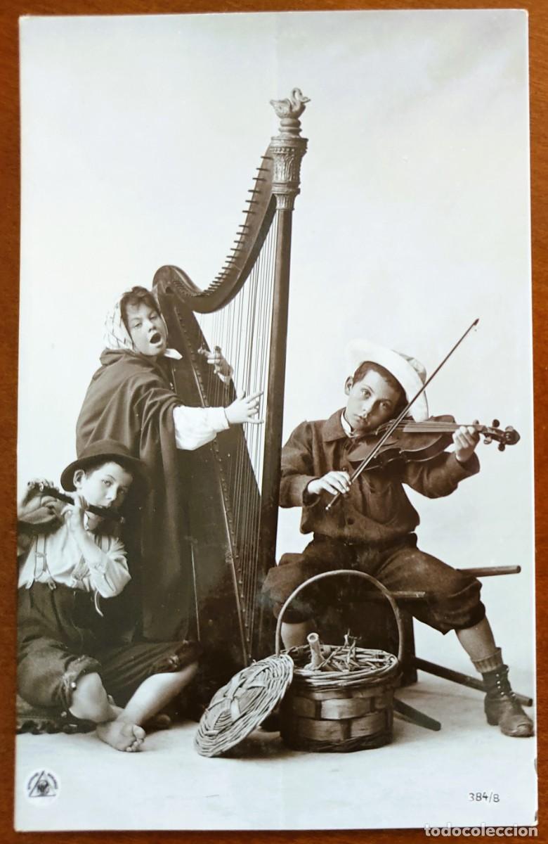 Cartes Postales: POSTAL MUY ANTIGUA NI&Ntilde;OS M&Uacute;SICOS ARPA, VIOL&Iacute;N Y FLAUTA - NPG 384/8