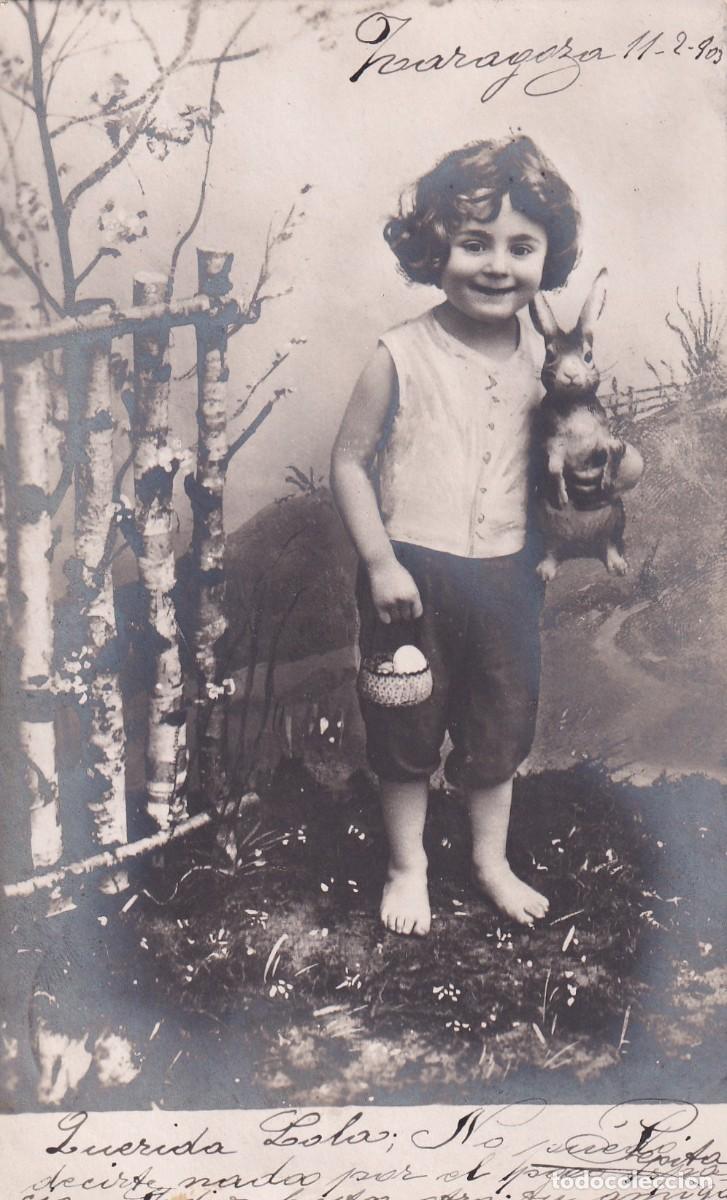 Cartes Postales: Postal ni&ntilde;a con conejo de pascua. acabado fotogr&aacute;fico. Circulada. Reverso sin dividir.