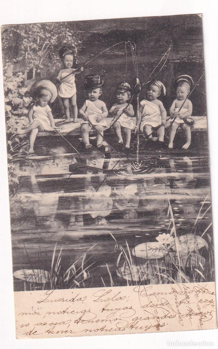 Cartes Postales: Postal ni&ntilde;os pescando. Reverso sin dividir. Circualda.