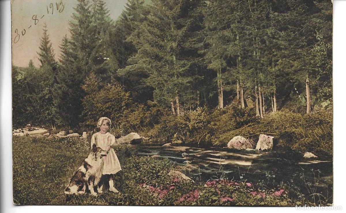Postales: &rdquo;Ni&ntilde;a con su pero en bosque&rdquo; Antigua postal fotogr&aacute;fica Alemana. 8,5 x cms. Circulada, con sello
