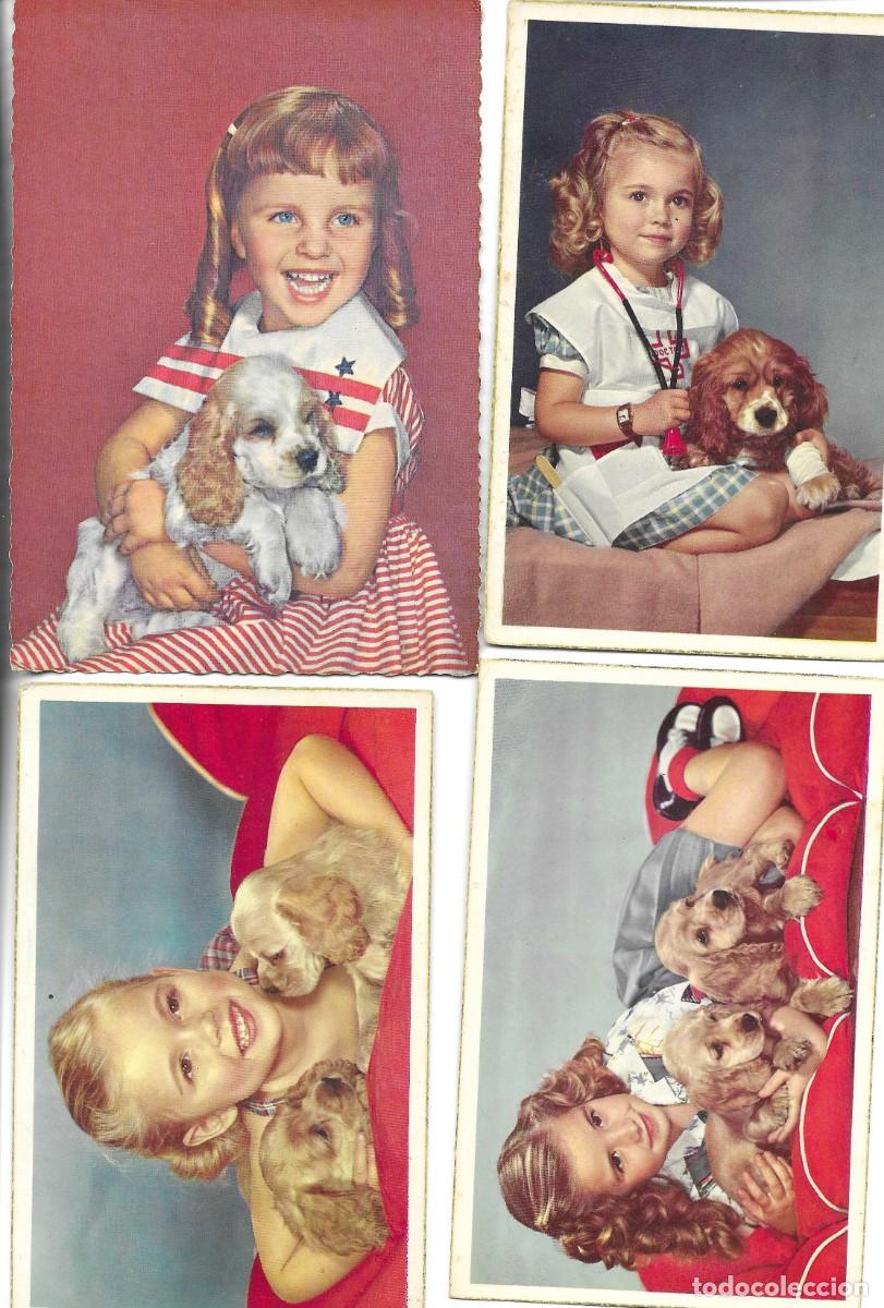 Postales: &rdquo;Preciosas ni&ntilde;as con sus perritos&rdquo; Lote de 4 postales en color. Edit CYZ. 1950s. No circuladas