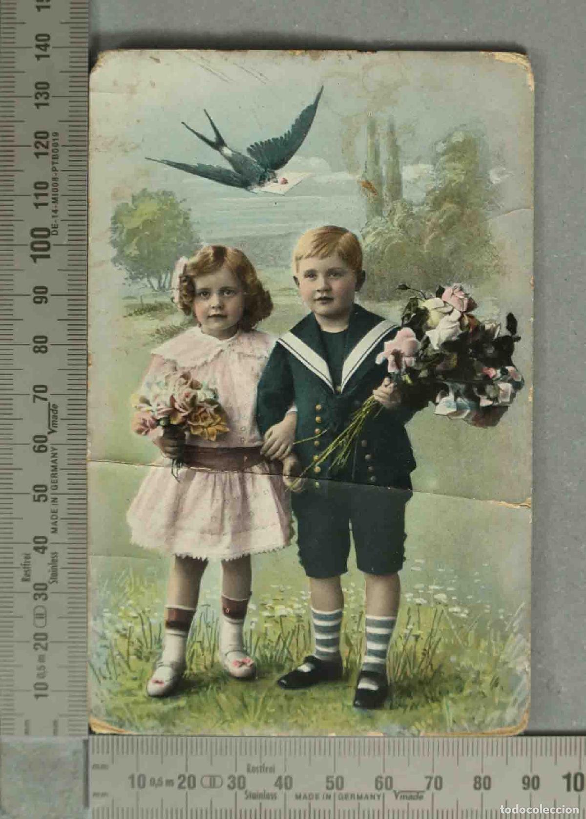 Postales: POSTAL. Ni&ntilde;os con flores y p&aacute;jaro con carta