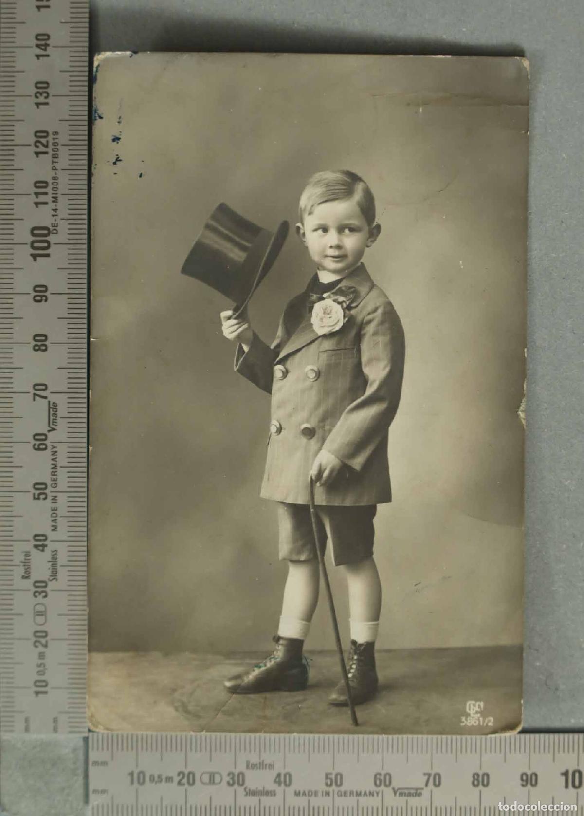 Postales: POSTAL. Ni&ntilde;o en traje de doble botonadura, con sombrero de copa y bast&oacute;n - French Photographer