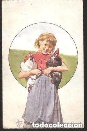 Postales: NI&Ntilde;A CON GALLINA Y GALLO - CIRCULADA A&Ntilde;O 1908