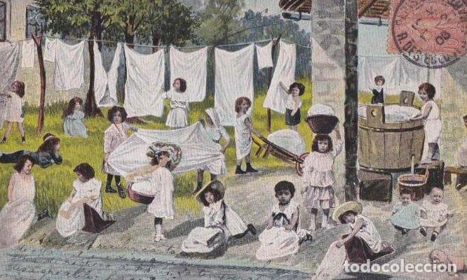 Postales: SERIE 367. NI&Ntilde;OS EN LA LAVANDER&Iacute;A. MODERNISTA. CIRCULADA EN PAR&Iacute;S, 1906