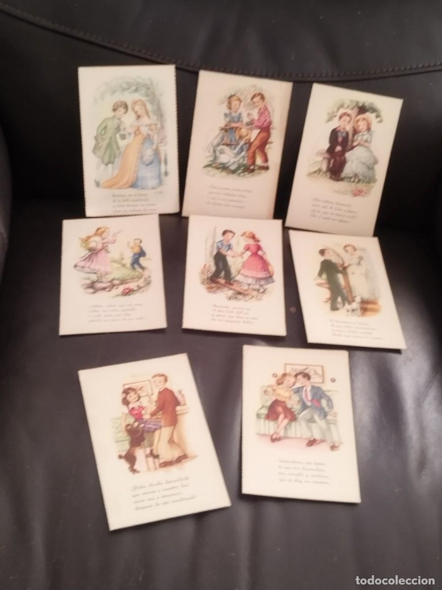 Postales: Colecci&oacute;n 8 antiguas tarjetas postales, infantiles de pareja de ni&ntilde;o y ni&ntilde;a. Con frases en la base.