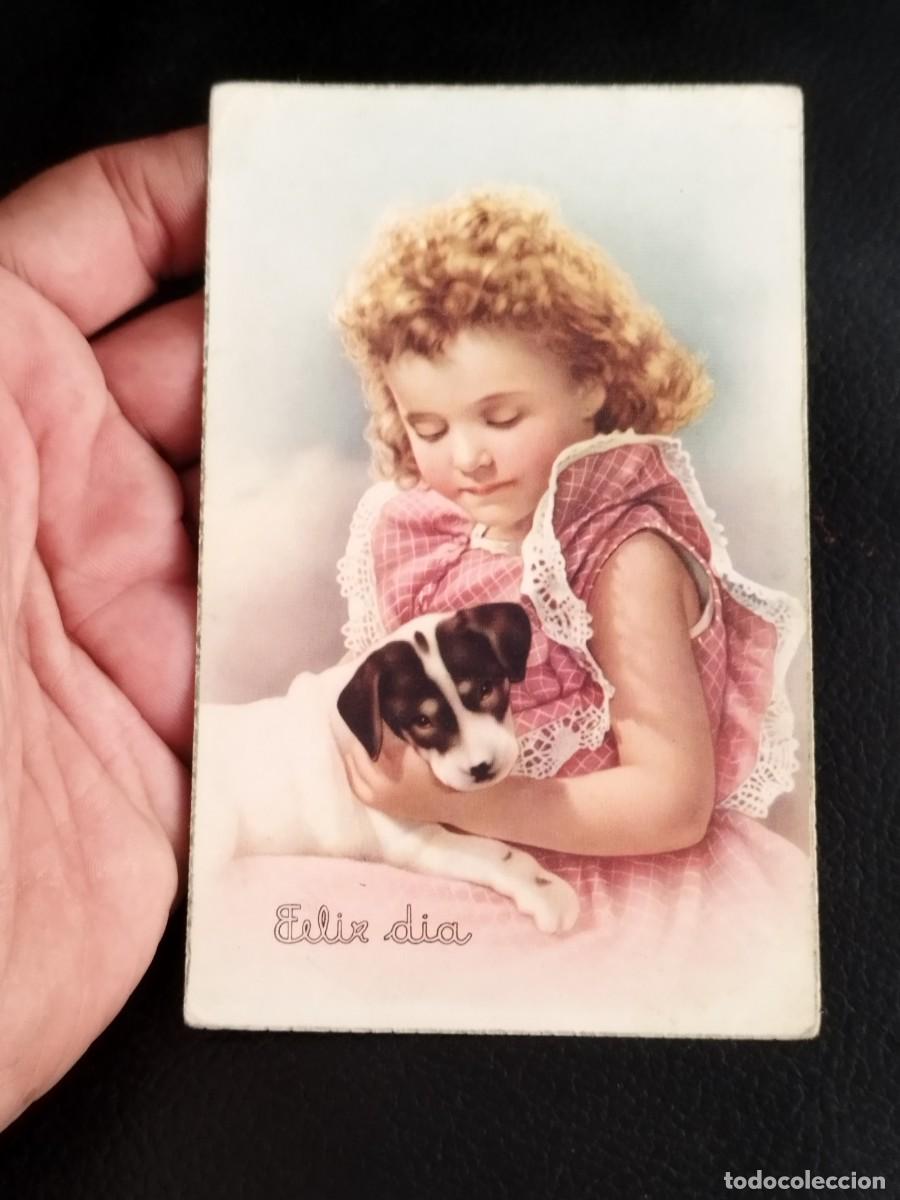 Postales: Antigua postal de ni&ntilde;a con un vestido a cuadros sosteniendo un cachorro..