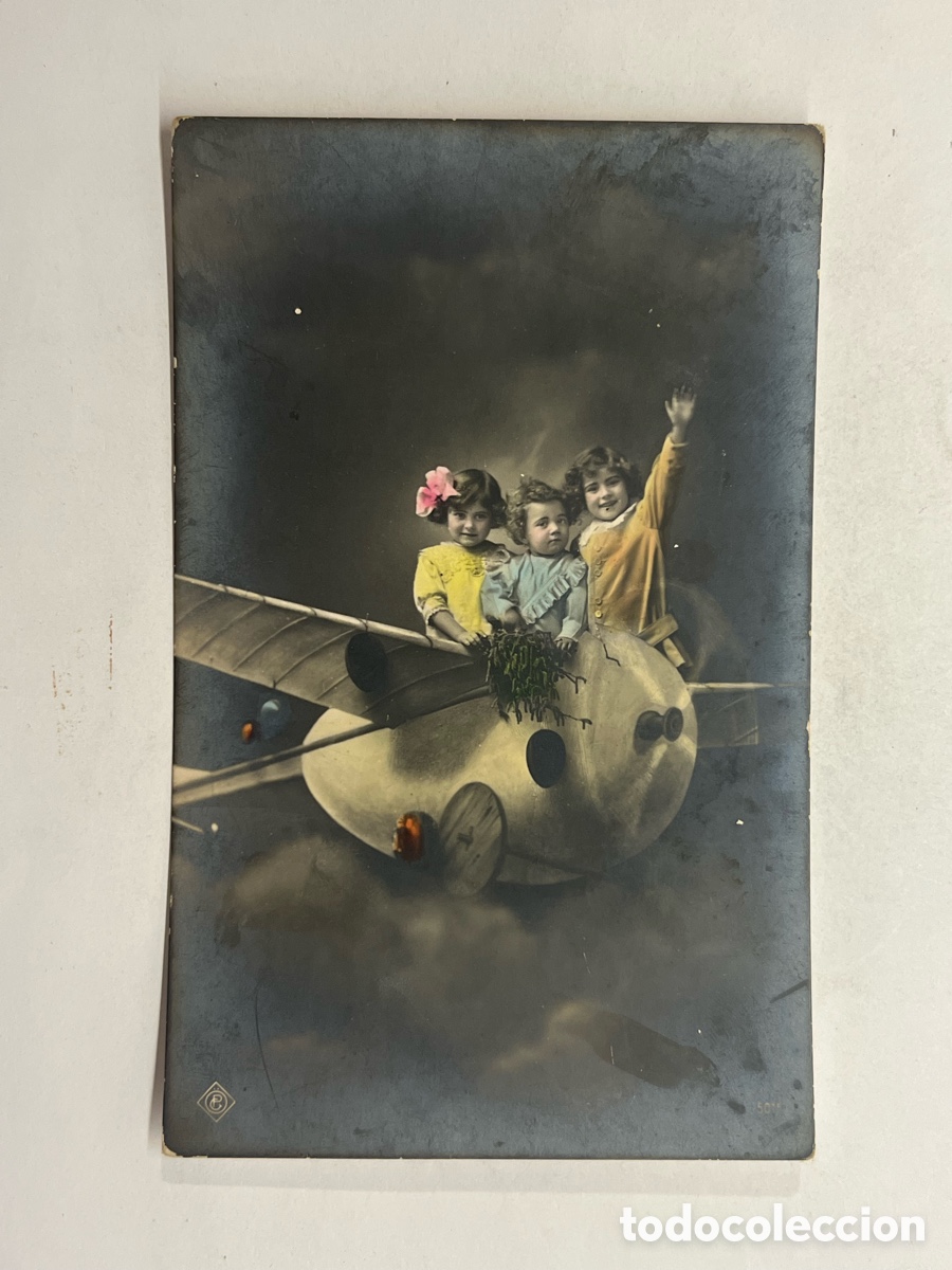 Postales: NI&Ntilde;OS FELICES en Aeroplano futurista.. Postal antigua dedicada.., Barcelona (h.1910?)