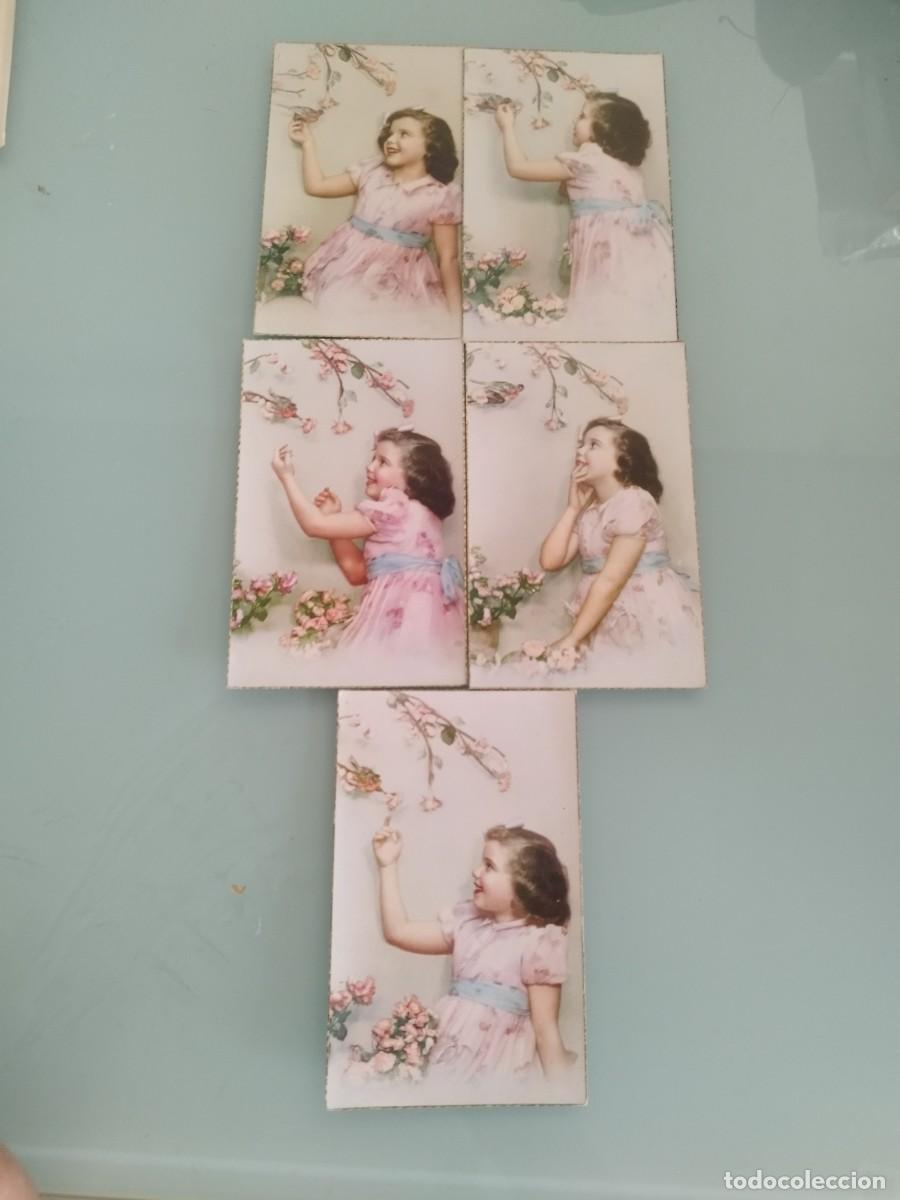 Postales: 5 antiguas tarjetas postales ni&ntilde;a con un vestido rosa en distintas poses con pajaritos y flores.