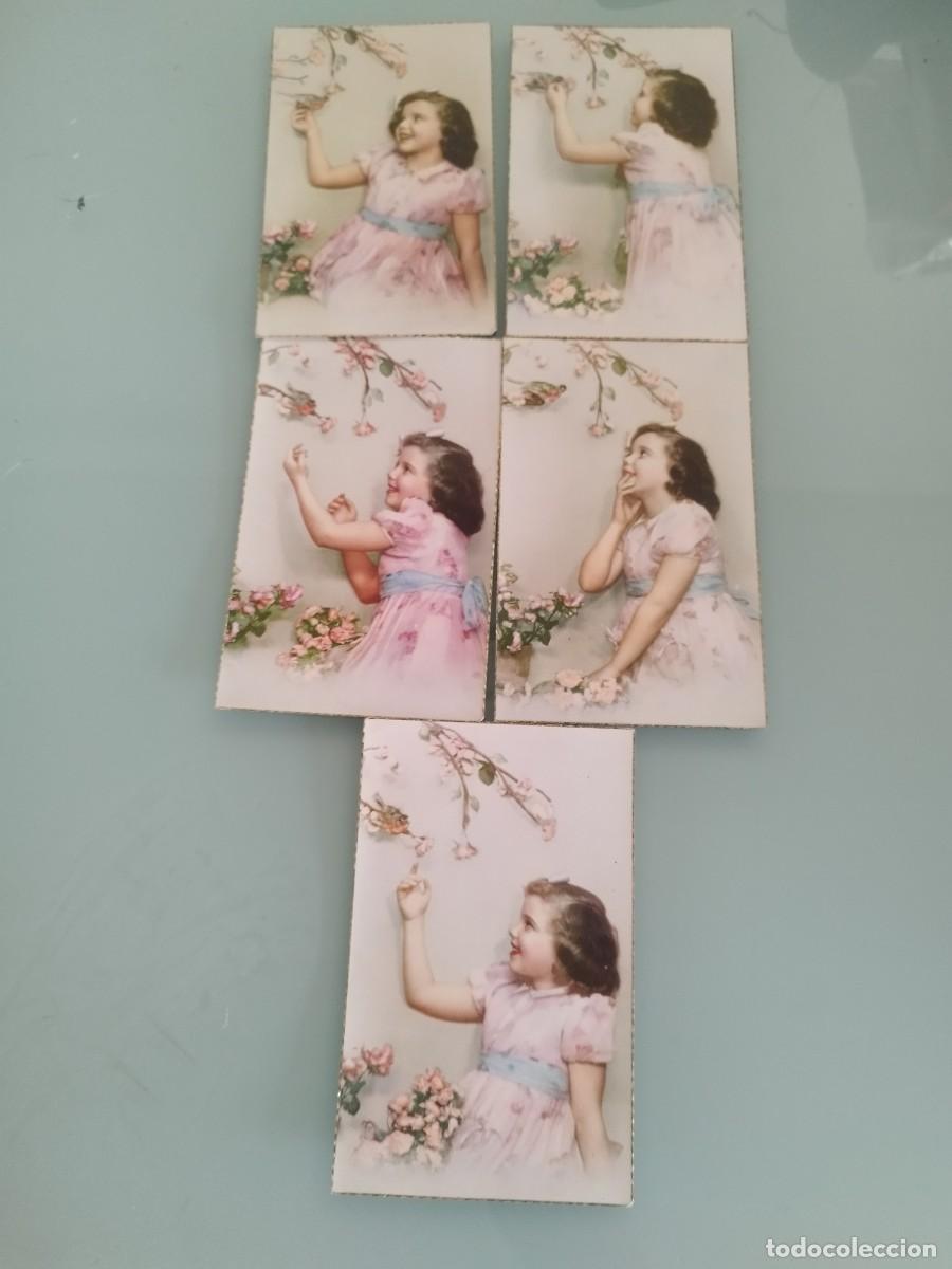 Postales: 5 antiguas tarjetas postales ni&ntilde;a con un vestido rosa en distintas poses con pajaritos y flores.