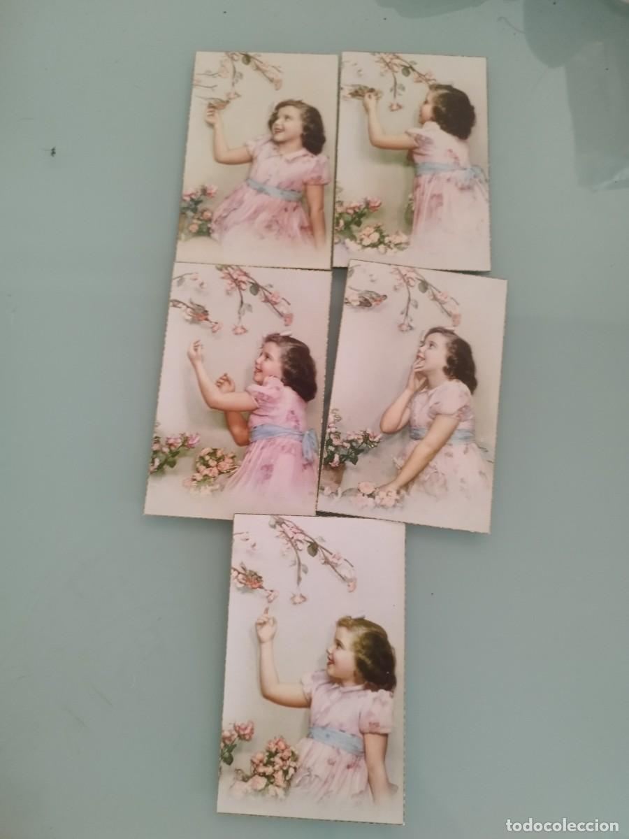 Postales: 5 antiguas tarjetas postales ni&ntilde;a con un vestido rosa en distintas poses con pajaritos y flores.
