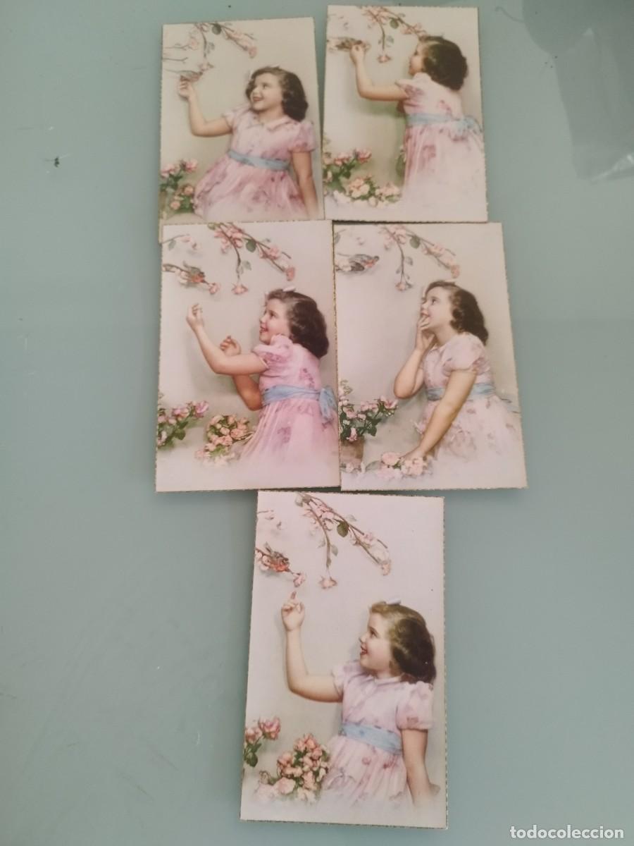 Postales: 5 antiguas tarjetas postales ni&ntilde;a con un vestido rosa en distintas poses con pajaritos y flores.