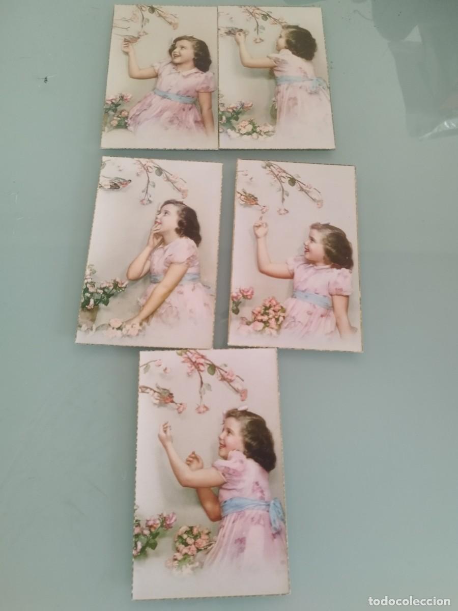 Postales: 5 antiguas tarjetas postales ni&ntilde;a con un vestido rosa en distintas poses con pajaritos y flores.