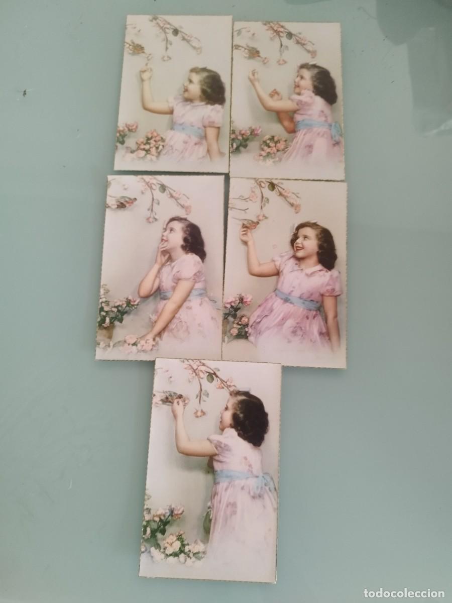 Postales: 5 antiguas tarjetas postales ni&ntilde;a con un vestido rosa en distintas poses con pajaritos y flores.