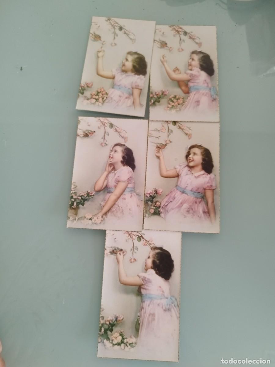 Postales: 5 antiguas tarjetas postales ni&ntilde;a con un vestido rosa en distintas poses con pajaritos y flores.