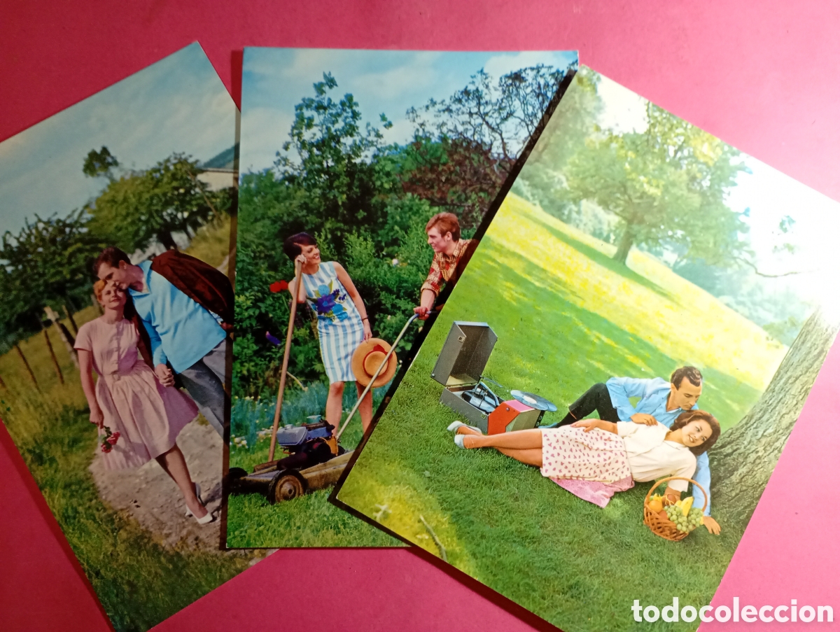 Postales: VINTAGE LOTE 3 POSTALES PAREJAS HOMBRE//MUJER EN DIFERENTES POSADOS -ANTIGUA CORTADORA DE CESPED