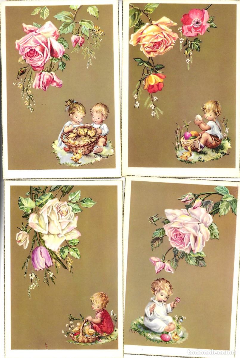Postales: &rdquo;Ni&ntilde;o peque&ntilde;o con pajaritos. Flores&rdquo; Lot de 4 postales ilusgtradas. CyZ. A&ntilde;os cincuenta.9 x 14 cms.