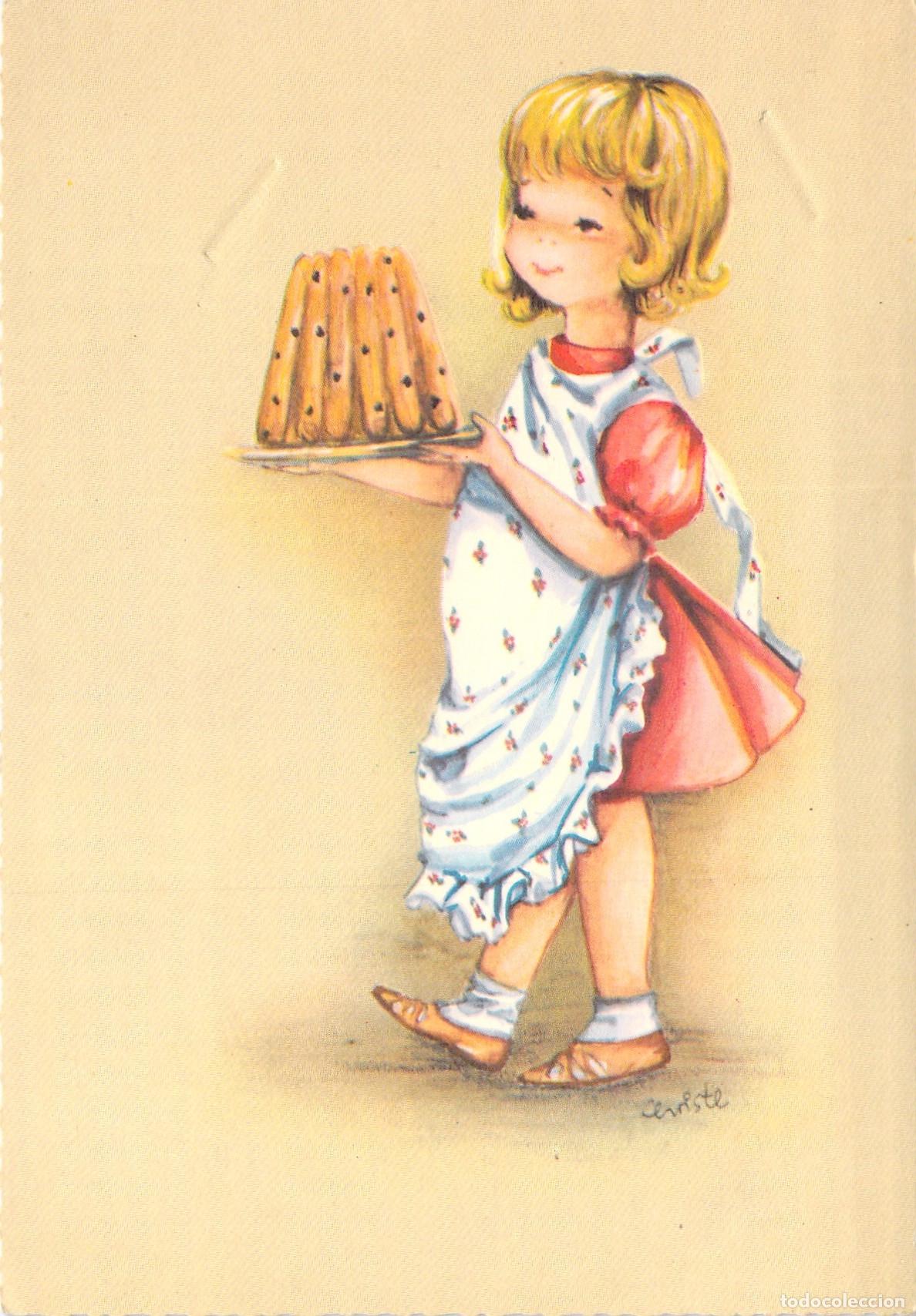 Postales: Postal de felicitaci&oacute;n con ilustraci&oacute;n de ni&ntilde;a con pastel