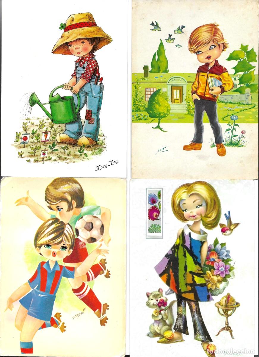 Postales: &rdquo;Escenas con ni&ntilde;os&rdquo; Lote de 4 postales infantiles ilustradas. 1960s. 10,5 x 15 cms.