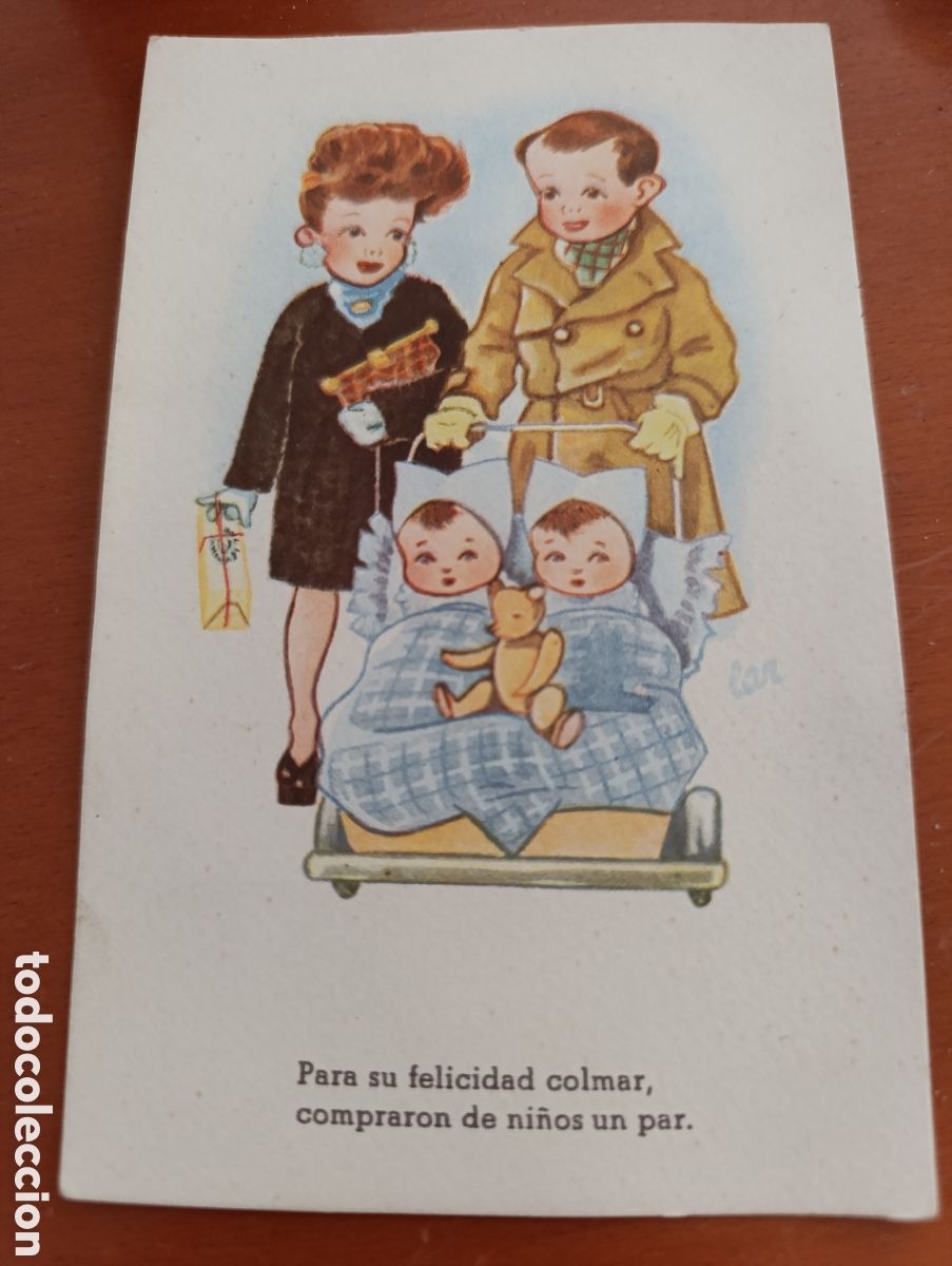 Postales: Antigua Postal a&ntilde;os 40,Ilustrada - Tem&aacute;tica Nacimiento Gemelos