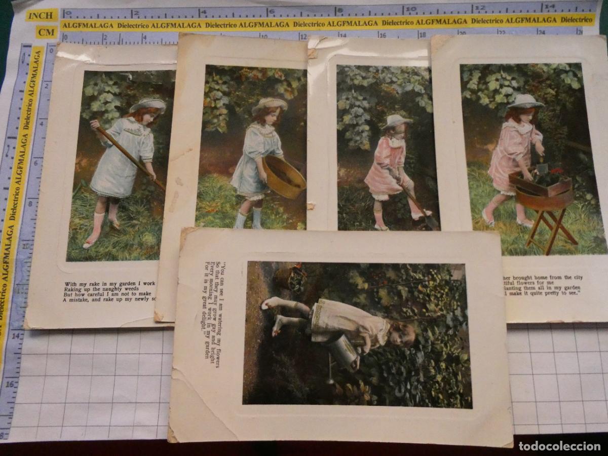 Postales: 5 POSTALES DE NI&Ntilde;OS INFANTIL DIBUJOS. A&Ntilde;O 1908. NI&Ntilde;A TAREAS JARD&Iacute;N JARDINERA. 2998