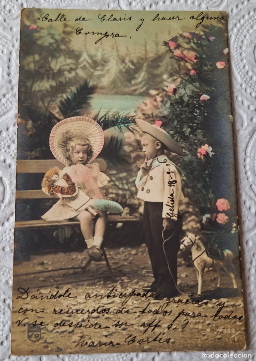 Postales: POSTAL EN COLOR FRANCESA MUY ANTIGUA MANUSCRITA EN 1906 - NI&Ntilde;OS CON JUGUETES
