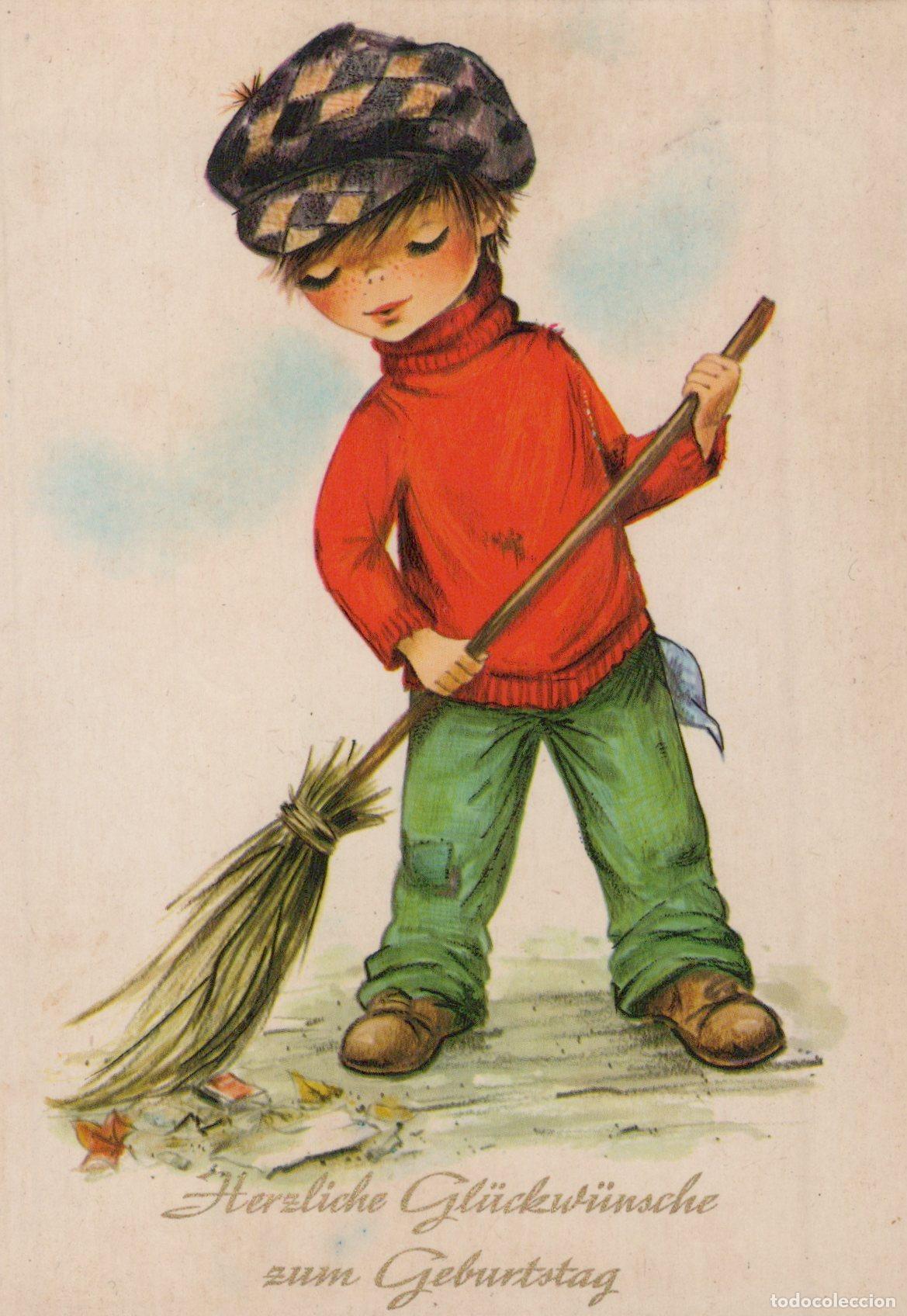 Postales: A Boy in A Red Sweater and Green Pants Sweeping With A Broom *YAY048