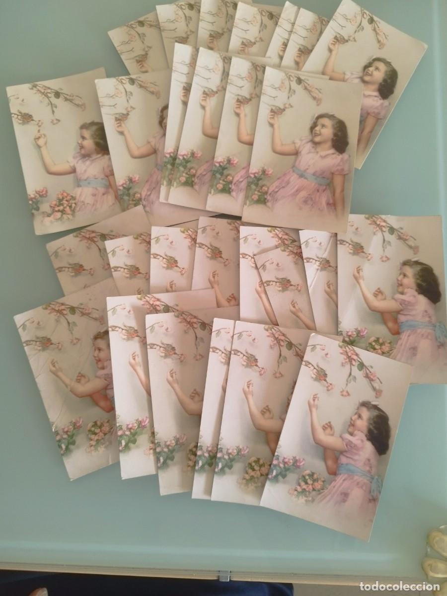 Postales: Lote de 27 antiguas tarjetas postales, de una ni&ntilde;a con vestido rosa cogiendo flores.