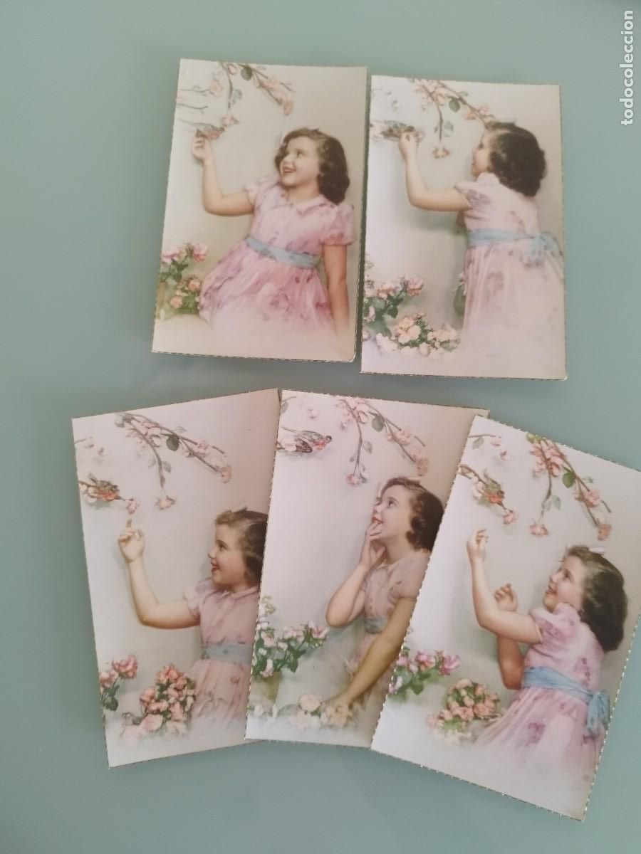 Postales: Lote de 5 antiguas tarjetas postales, de una ni&ntilde;a con vestido rosa cogiendo flores.