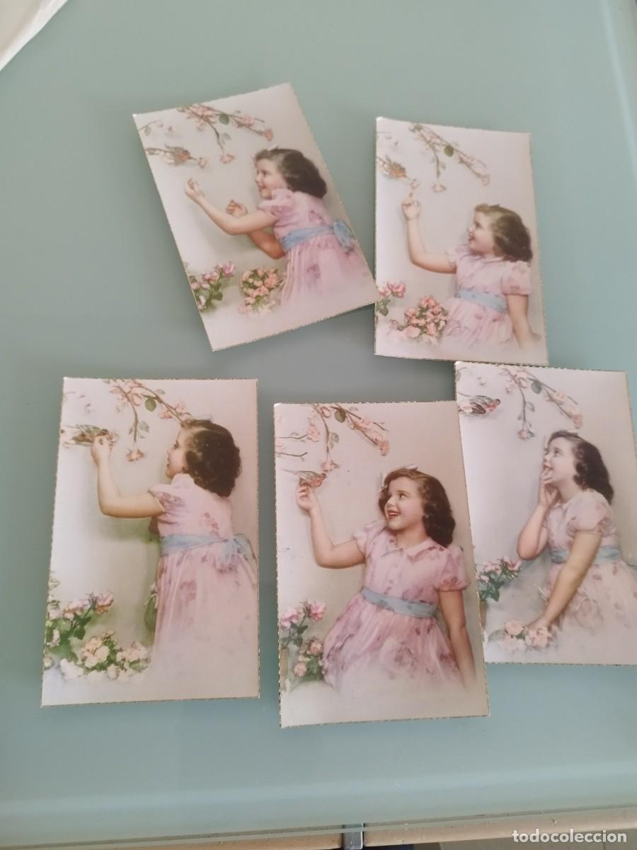 Postales: Lote de 5 antiguas tarjetas postales, de una ni&ntilde;a con vestido rosa cogiendo flores.