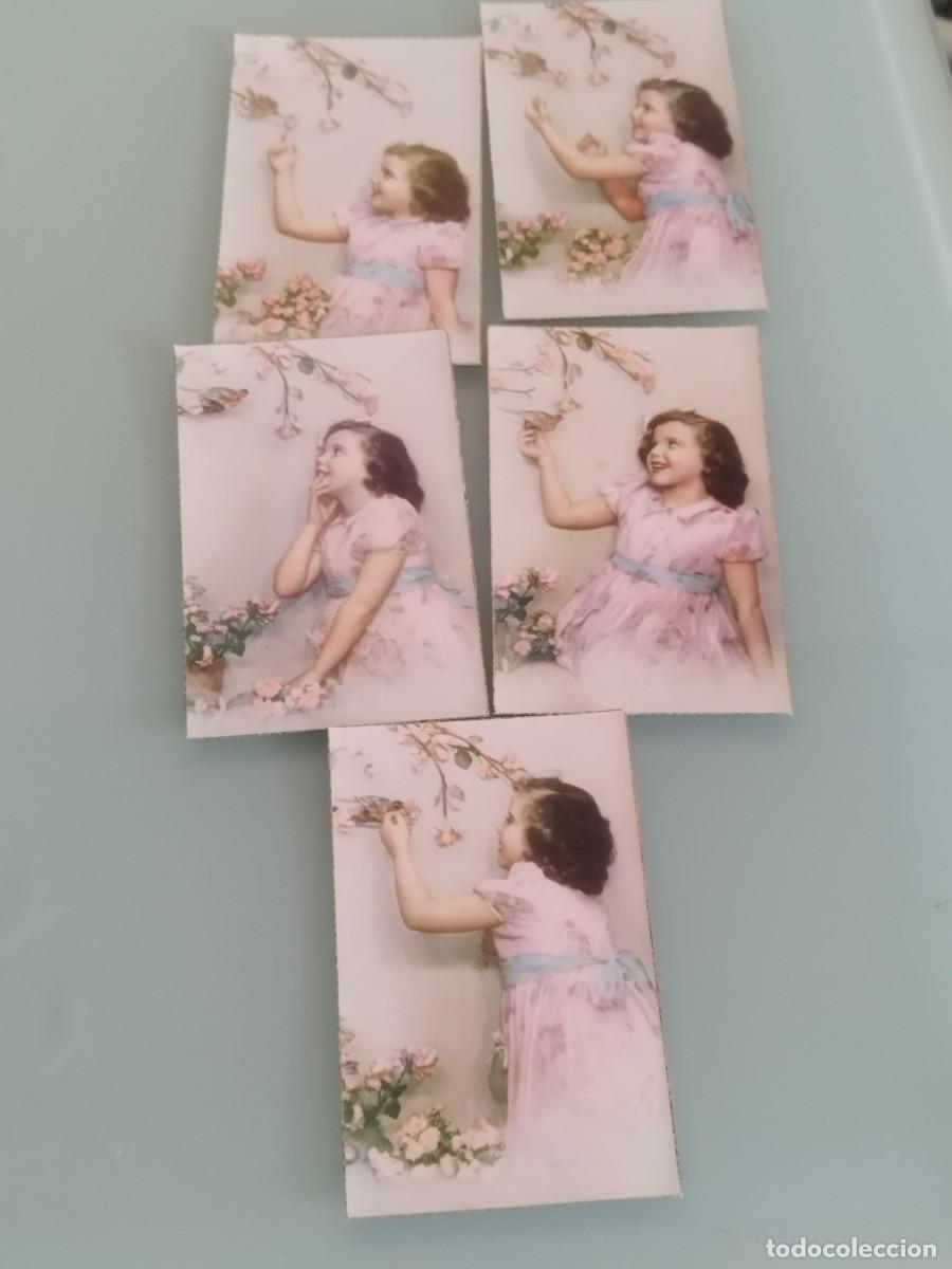 Postales: Lote de 5 antiguas tarjetas postales, de una ni&ntilde;a con vestido rosa cogiendo flores.