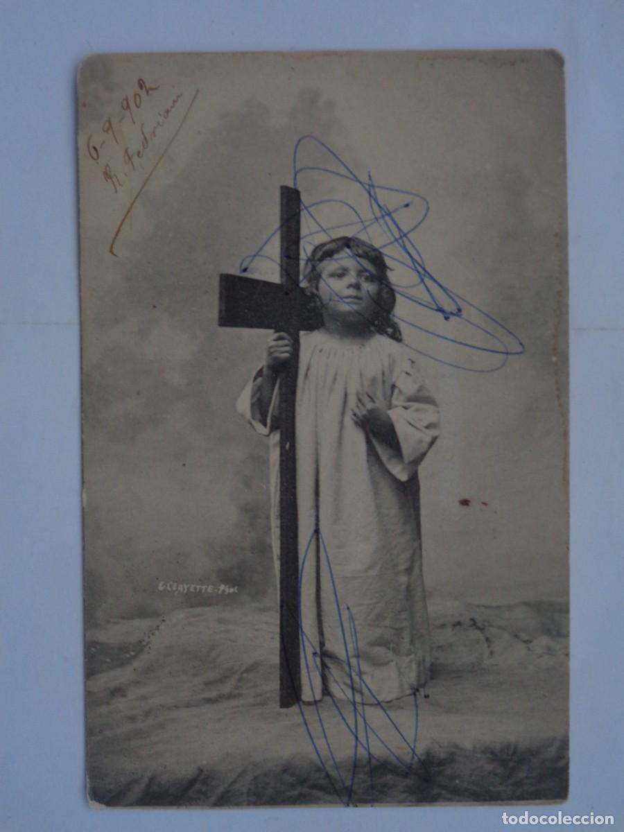 Postales: BONITA POSTAL DE NI&Ntilde;O VESTIDO DE JESUS CON CRUZ , PRINCIPIOS DE SIGLO. SELLO ALFONSO XIII NI&Ntilde;O