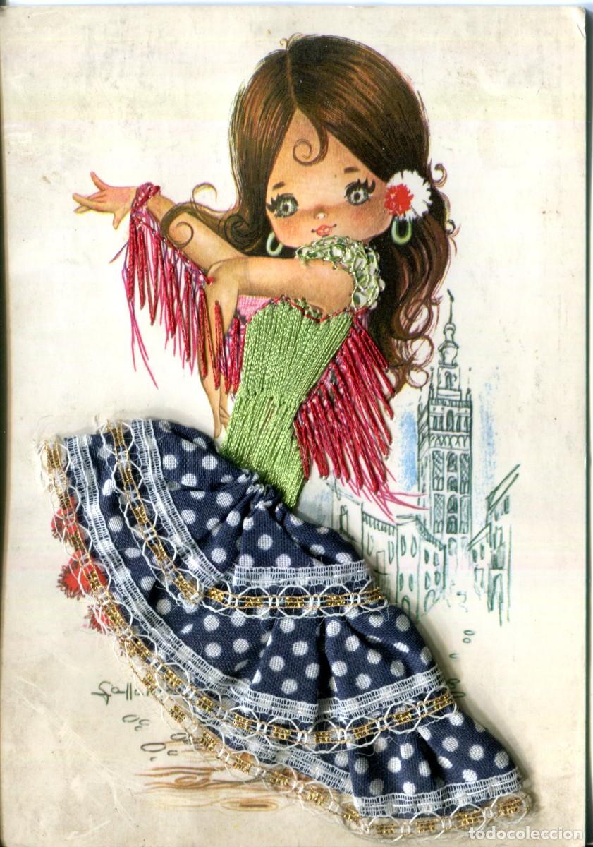 Postales: Postal. Dibujo infantil. Ilustracion de Gallarda. Ni&ntilde;a traje t&iacute;pico. Sevillana. Bordada. Circulada