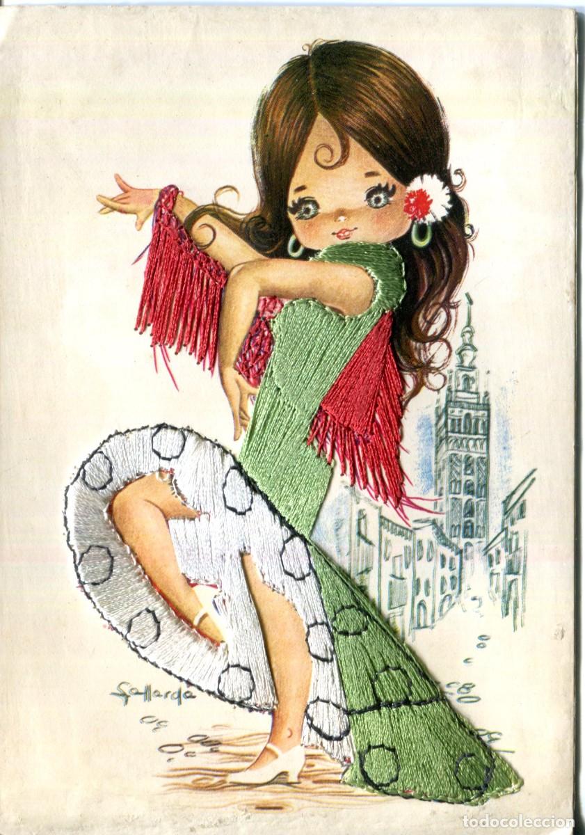 Postales: Postal. Dibujo infantil. Ilustracion de Gallarda. Ni&ntilde;a traje t&iacute;pico. Sevillana. Bordada. Circulada