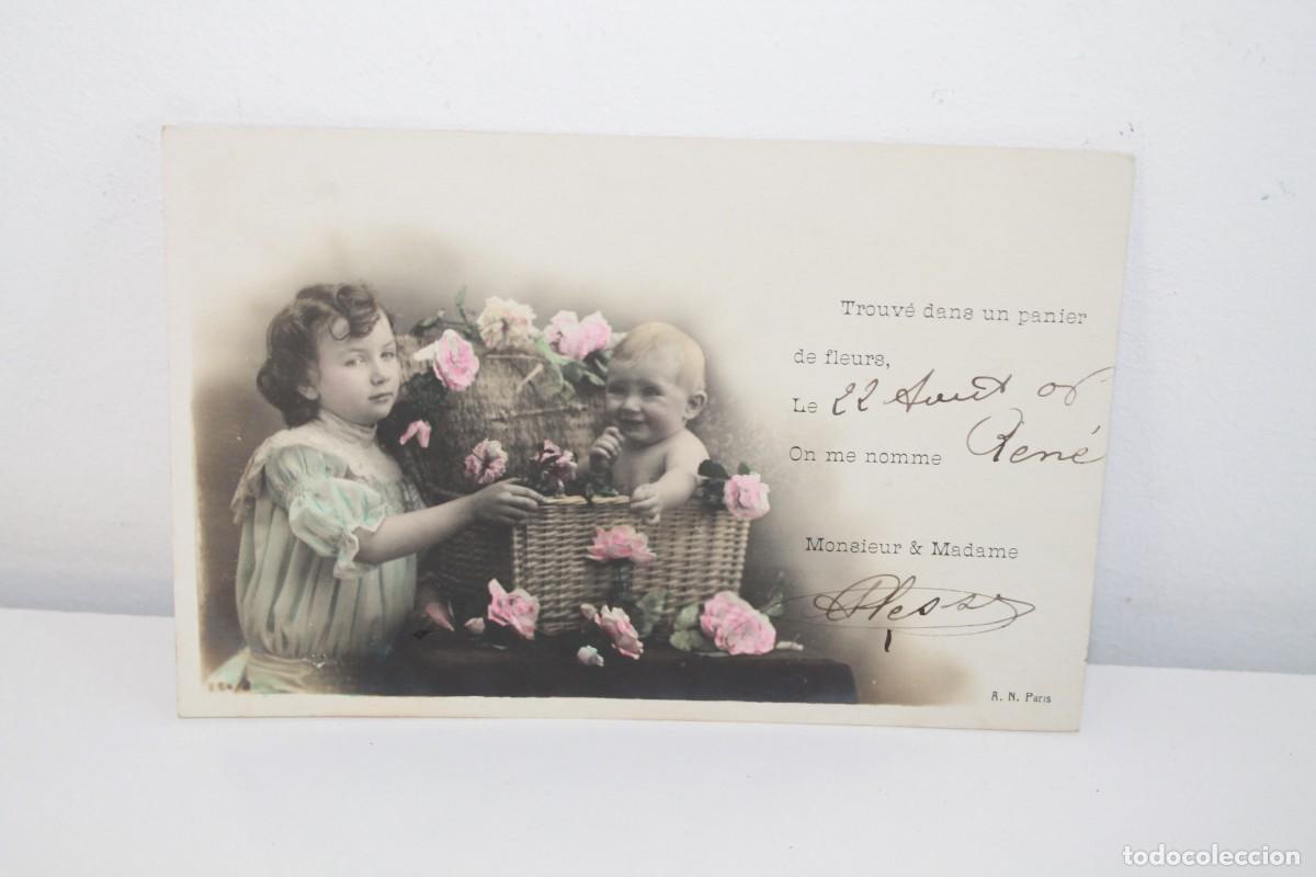 Postales: POSTAL ANTIGUA NACIMIENTO BEBE REN&Eacute; 1908 FOTOCROMO NI&Ntilde;A Y BEBE EN CESTA SELLO SEMSUSE 10 C